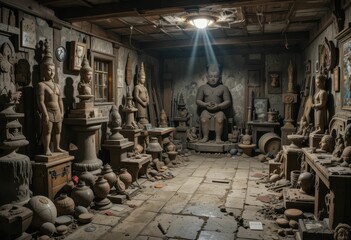 Ancient Sculpture Gallery with Statues and Clay Artifacts in Room