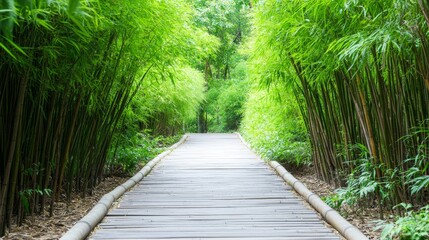 Obraz premium Tranquil Bamboo Path - Serene walkway through lush bamboo forest, ideal for meditation, peace, and nature themes