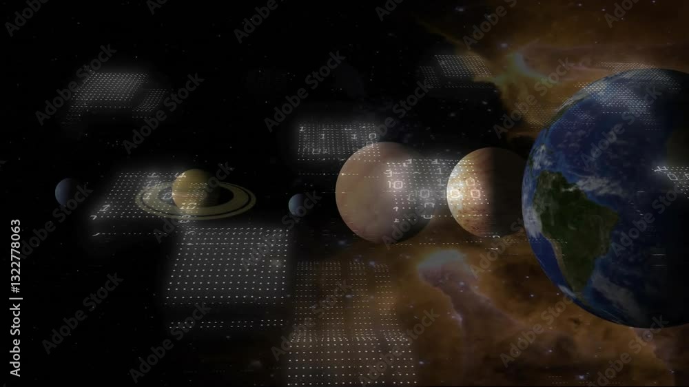 Poster planets aligned with digital data processing animation over cosmic background