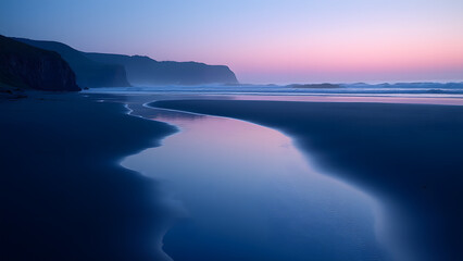A winding river flows through a dark sandy beach at twilight, reflecting soft colors of the sky, with rugged cliffs in the background, creating a serene and tranquil coastal scene.