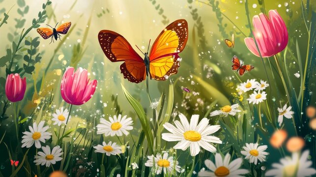34.An intricate and vibrant illustration of the "Waking of Insects" solar term, where insects flutter around fresh spring blooms, like daisies and tulips. The warm sunlight casts soft shadows, and