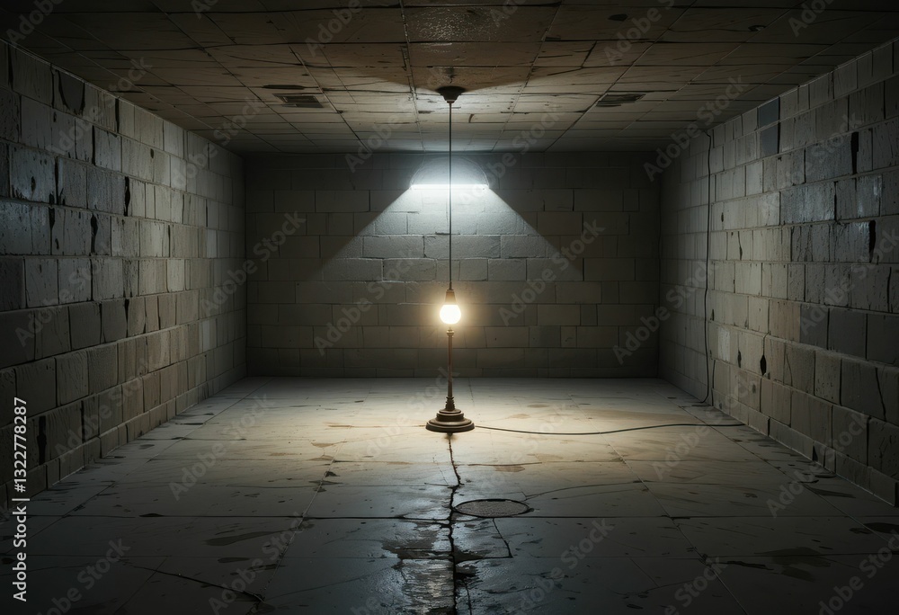 Poster dimly lit room with single hanging light fixture in empty space