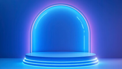 Neon Light Display with Circular Arch and Podium in Blue Background