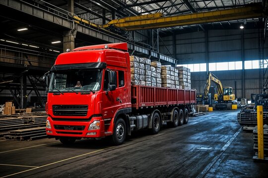 A red truck, loaded with stacked packages, is centrally positioned in a large industrial warehouse un cami&oacute;n rojo cargado de paquetes apilados est&aacute; situado gran nave industrial nakliyat kamyon nakliye