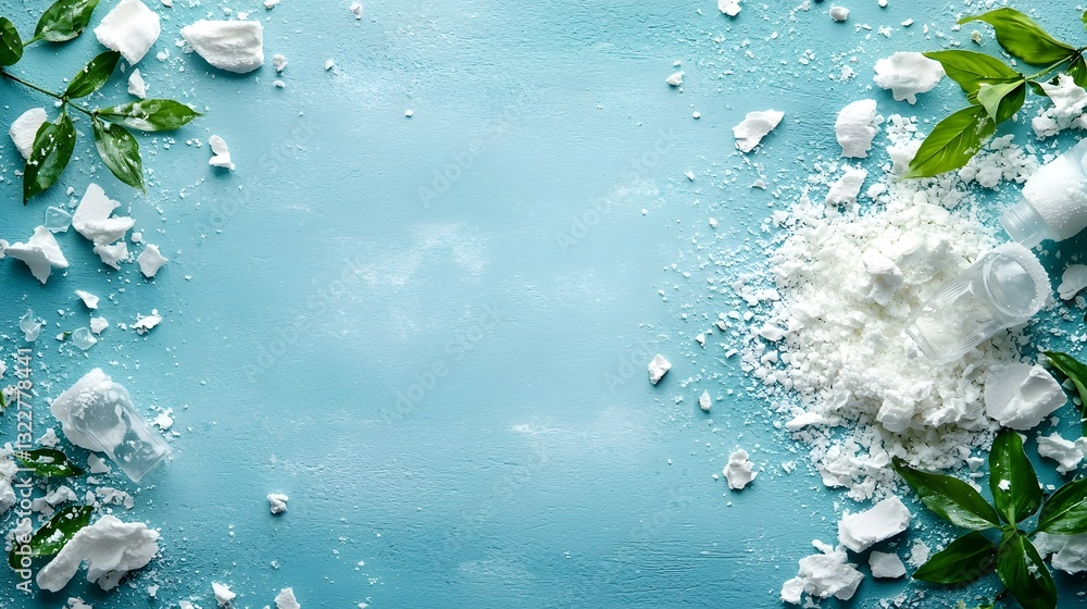 Poster transparent plastic flakes produced from recycled bottles displayed with a clean minimalist backgrou