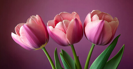 Fototapeta premium A close-up of three delicate pink tulips in partial bloom, perfect for spring-themed designs, weddings, invitations, and botanical prints.