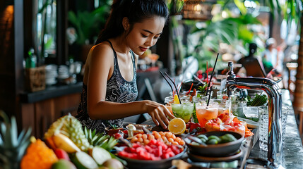 A woman is preparing a fruit salad on a counter