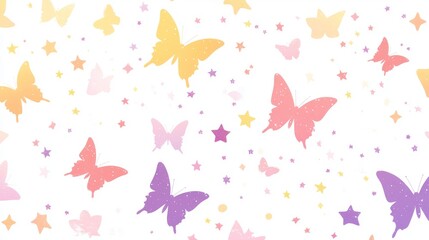 Fototapeta premium 42.A stylish and vibrant seamless pattern with butterflies in gradient hues of pink, yellow, and purple, scattered across a clean, white background. The butterfliesâ€™ gentle flight is complemented by