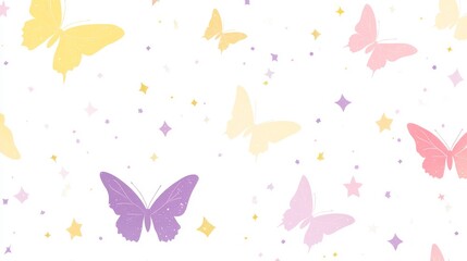 42.A stylish and vibrant seamless pattern with butterflies in gradient hues of pink, yellow, and purple, scattered across a clean, white background. The butterfliesâ€™ gentle flight is complemented by