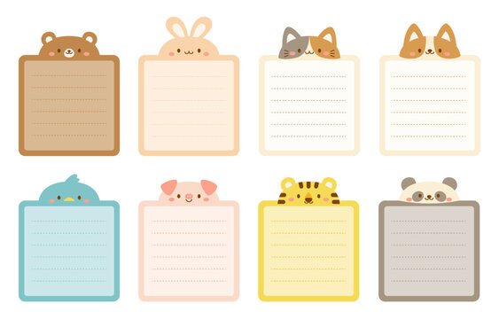 Set of cute animal square note cards in bright pastel colors.