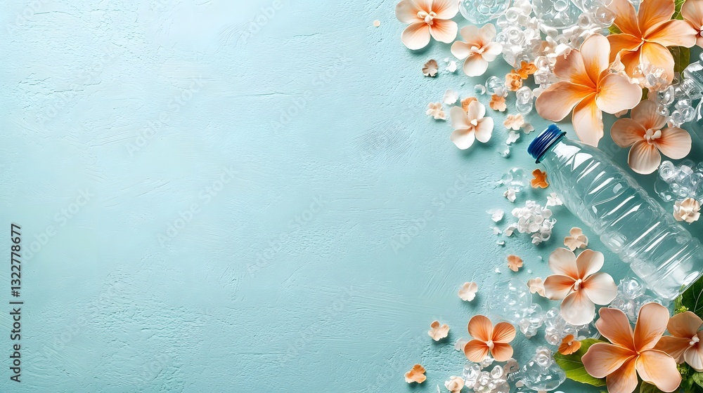 Poster transparent plastic flakes produced from recycled bottles displayed on a clean minimal background th