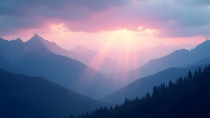 Fototapeta premium A stunning mountain landscape at dawn, with rays of light breaking through clouds, illuminating valleys and showcasing a gradient sky of blue, pink, and purple, evoking awe and inspiration.