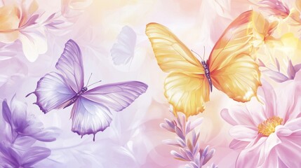 Obraz premium 45.A fresh and vibrant vector illustration showcasing cute butterflies hovering over delicate flowers. The floral design includes soft hues of pink, yellow, and lavender, with the butterflies adding