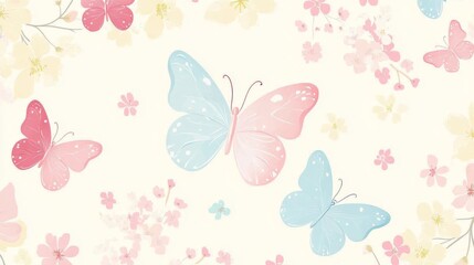 47.A delightful vector pattern with butterflies and flowers in a flat design, with soft pastel colors like blush pink, sky blue, and pale yellow. The butterflies are gentle and stylized, surrounded