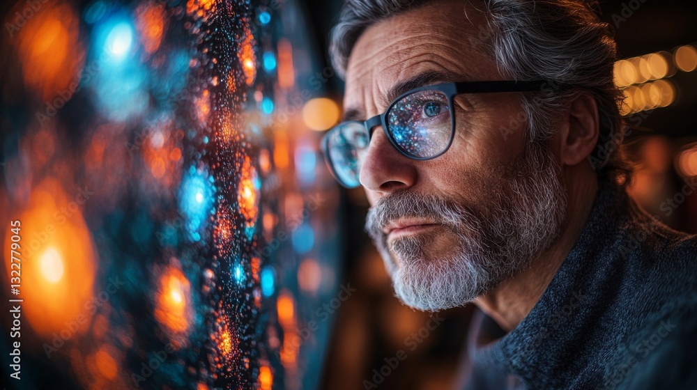 Aufkleber A thoughtful individual examines quantum computing concepts, pondering the intricacies of qubits and their role in algorithms, decoherence, and superposition during an evening.