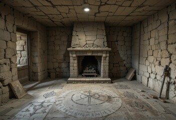 Abandoned Stone Room with Fireplace and Mysterious Symbols