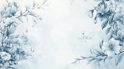 52.An elegant greeting card featuring a vintage floral chinoiserie design, with soft blue-and-white flowers framing the card. The intricate hand-drawn flowers are arranged in a harmonious pattern,