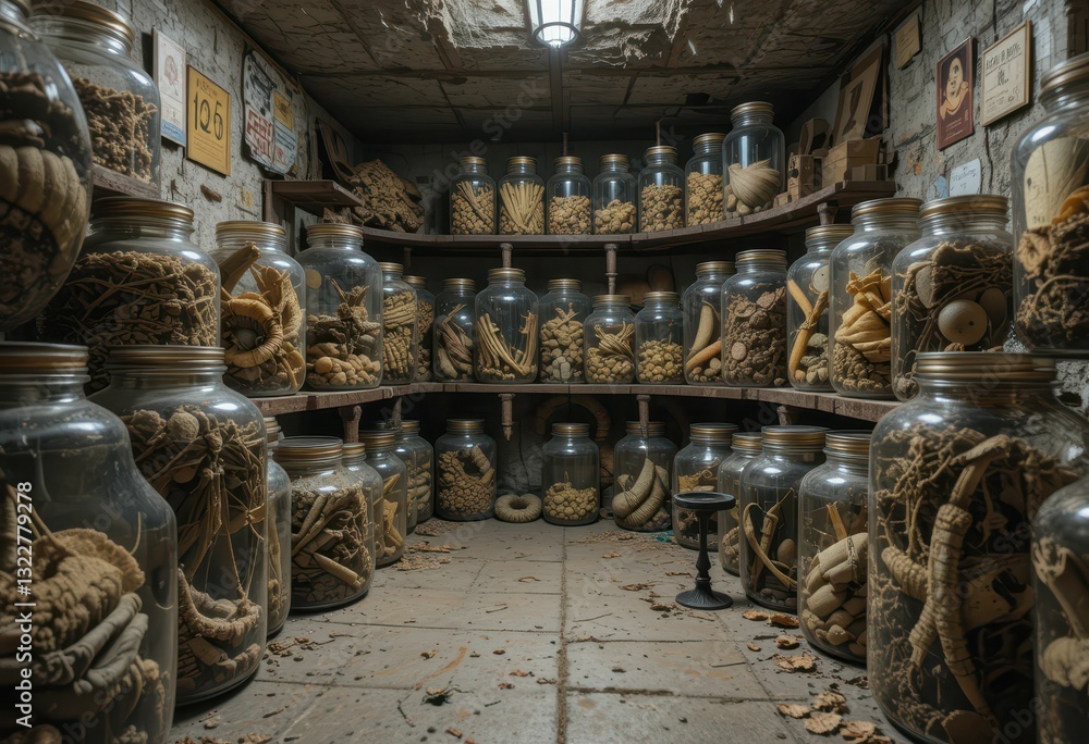 Poster dimly lit storage with vintage jars filled with unidentified objects