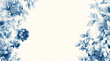 54.A sophisticated greeting card design featuring a vintage chinoiserie floral frame in blue and white. The delicate flowers are drawn in intricate detail, creating a timeless design ideal for