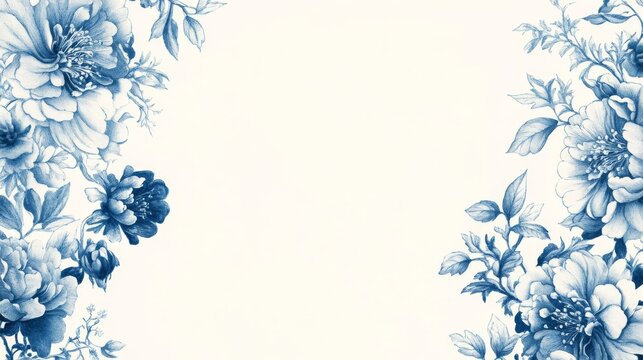 54.A sophisticated greeting card design featuring a vintage chinoiserie floral frame in blue and white. The delicate flowers are drawn in intricate detail, creating a timeless design ideal for