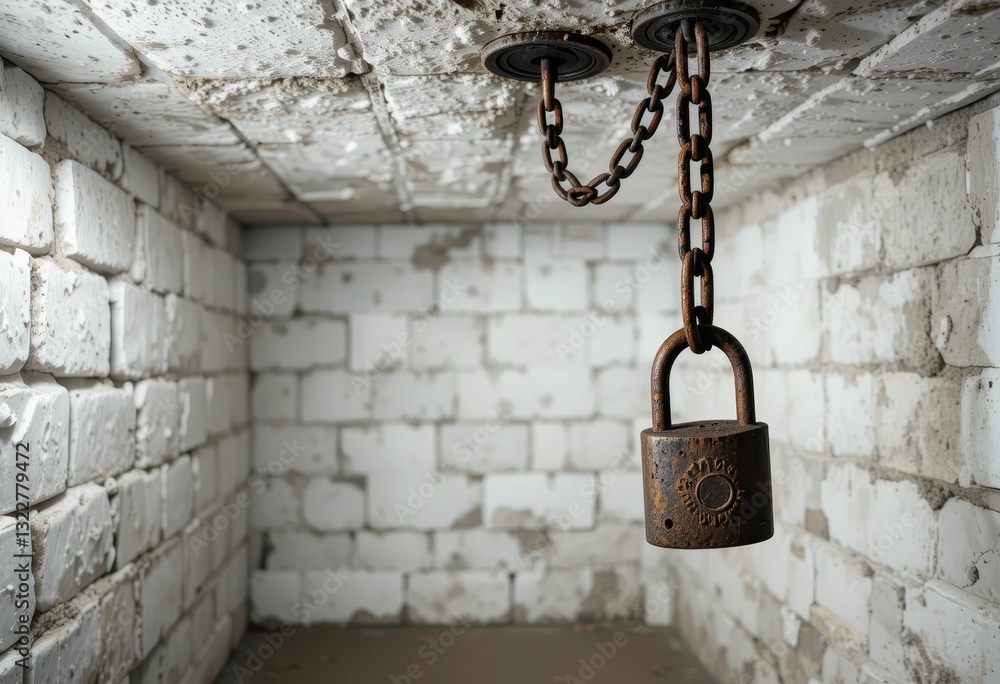 Poster rusty padlock hanging from chain in an abandoned, empty room
