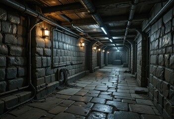 Dimly Lit Underground Passage with Sturdy Stone Walls and Light Fixtures