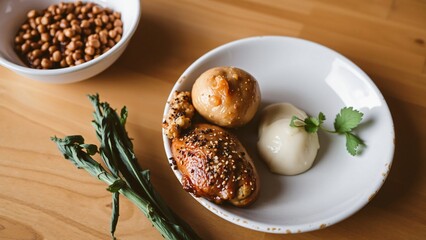 Gourmet Meal Roasted Chicken, Buns, and Creamy Sauce with Garnish