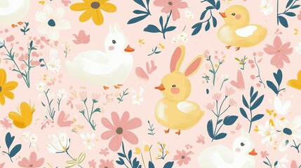 61.Cute Bunny and Duckling in Spring Bloomy Flourish Garden Vector Seamless Pattern