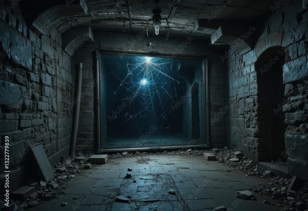 Poster dark abandoned room with spider webs and flickering light source