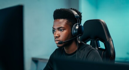 African male young gamer focused on playing video game with headset