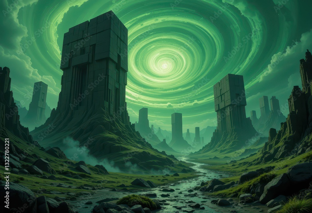 Poster surreal landscape with infinitive spiral and monolithic structures