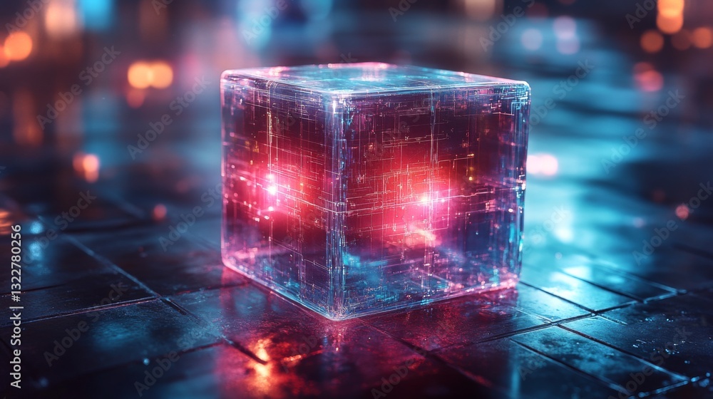 Poster A glowing transparent cube symbolizes quantum states such as superposition and entanglement, surrounded by a futuristic digital landscape reflecting quantum computing concepts.