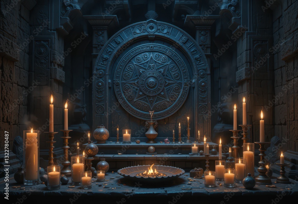 Poster mysterious altar with candles and ancient symbols in dark setting