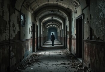 Obraz premium Eerie Abandoned Hallway with Figure Walking in Dim Light