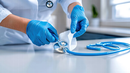 Healthcare worker cleaning stethoscope with disinfectant wipe, showcasing hygiene practices in medical environment