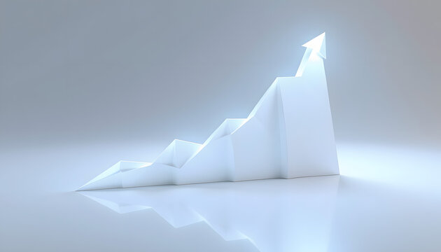 Abstract financial chart with upward trend line graph on a white background, concept of growth and success. 3D Rendering, origami. with white shades