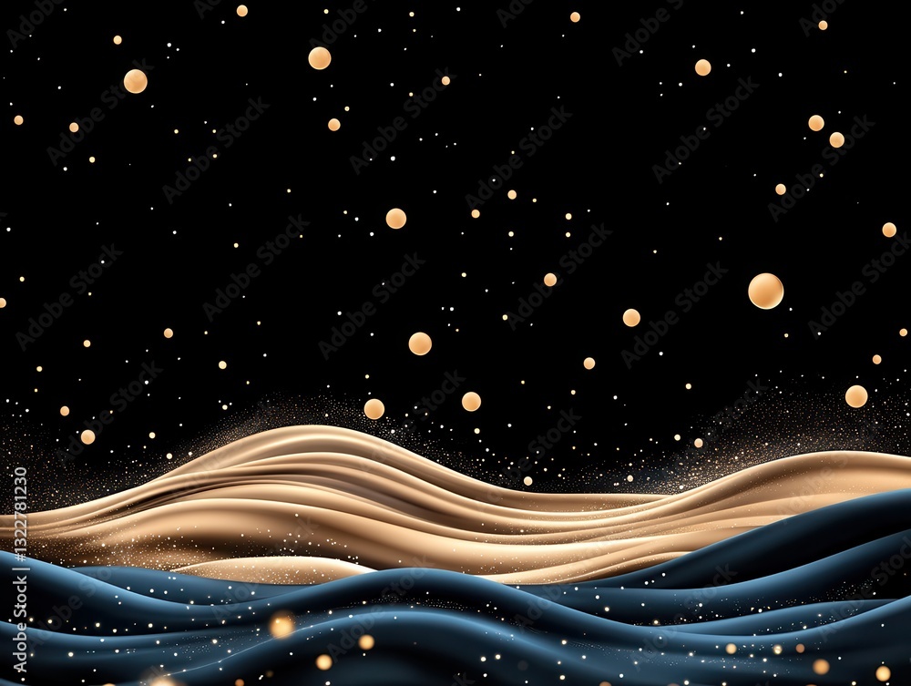 Poster abstract waves of gold and blue flow against a dark background with floating particles