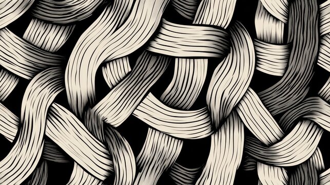 87.A striking, modern seamless pattern featuring bold, geometric stripes and intertwined braids. The monochrome color palette and linear design create a sophisticated texture, perfect for stylish,