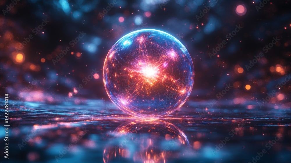 Poster A glowing sphere symbolizes the concepts of superposition and entanglement in quantum mechanics, reflecting light and energy in vibrant colors.