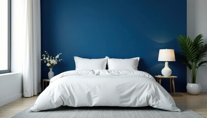 Crisp white bedding, deep blue accent wall, minimalist decor, simple, interior, aesthetic