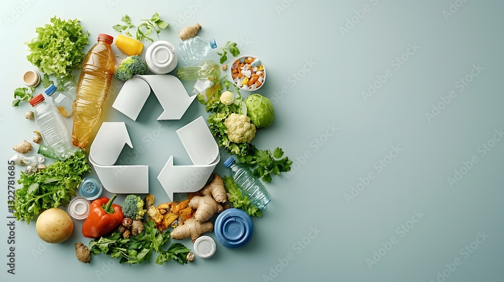 Poster recycling symbol created from real plastic bottle fragments arranged in a stylized minimal compositi