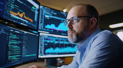 Data analyst focused on multiple screens displaying complex data visualizations. expert analyzes trends and metrics, showcasing high tech work environment