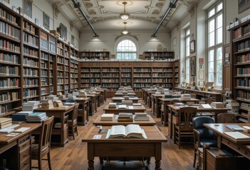 Elegant Historic Library Interior with Wooden Furniture and Books