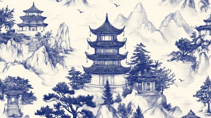 98.A stunning seamless pattern depicting traditional Chinese pagodas, tranquil mountains, and lush trees in the vintage ink chinoiserie style. The hand-drawn design features intricate details of