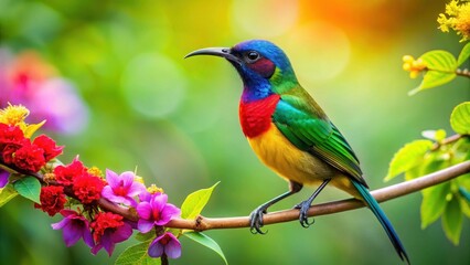 Fototapeta premium A sunbird perched on a tree branch in a lush forest surrounded by green leaves and vibrant flowers , leafy, blossom, leafy