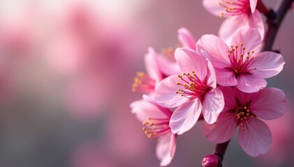 Fototapeta premium Close-up vibrant pink cherry blossoms, isolated , greeting card, isolated, macro