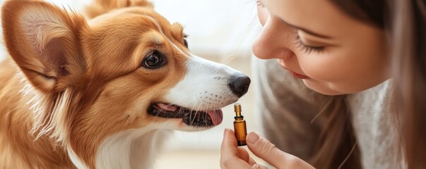 A woman is offering liquid to her dog with affection