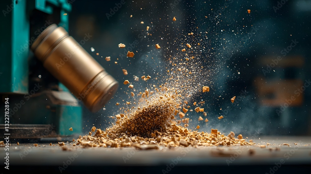Poster industrial plastic shredding cutting used bottles into small flakes leaving a visually striking patt