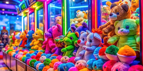 Vibrant plush toys piled high in a colorful arcade claw machine, arcade games, slot machines