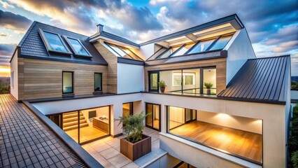 Fototapeta premium Modern flat house with angular skylights in a contemporary urban setting , contemporary home, skylight windows